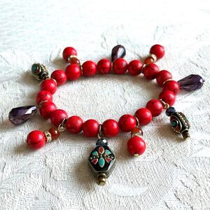 Vintage Red Beaded Boho Stretch Bracelet Charm Beads Bohemian Jewelry